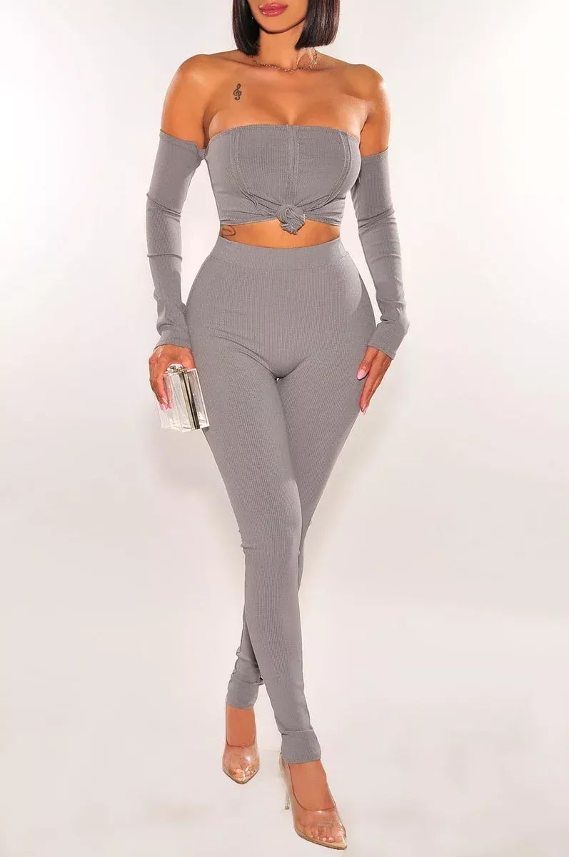 Gray Ribbed Off Shoulder High Waist Pants Two Piece Set