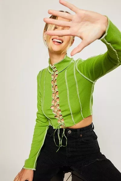 Green Lace-Up Stitch Top