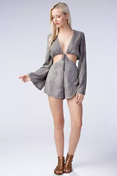 Grey Cut-Out Long Sleeved Romper