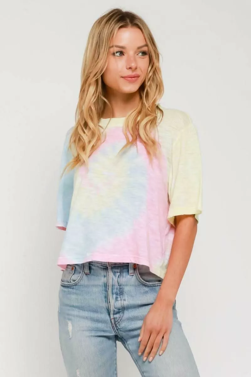 Groovy Vibes Girlfriend Pink and Blue Tie-Dye Cropped Tee | Boho Pink