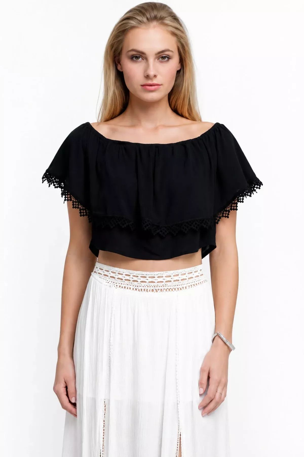 Gypsy Spell Black Off-the-Shoulder RuffleCrop Top | Boho Pink