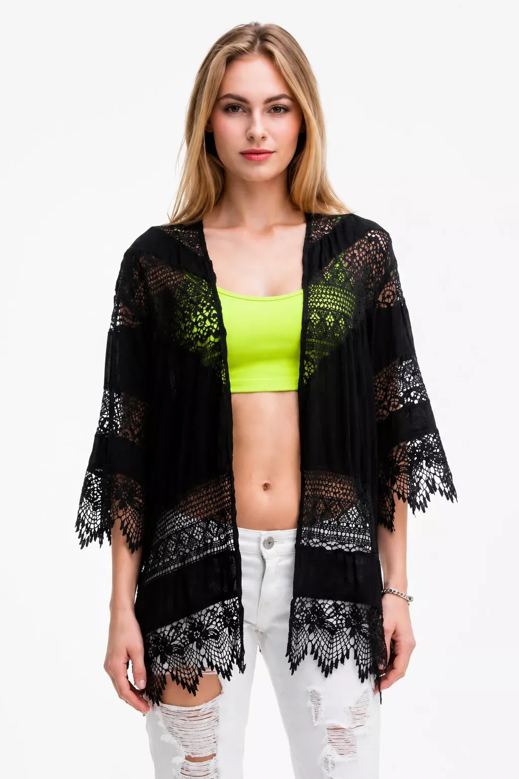 Hawaiian Nights Black Crochet Lace Kimono | Boho Pink