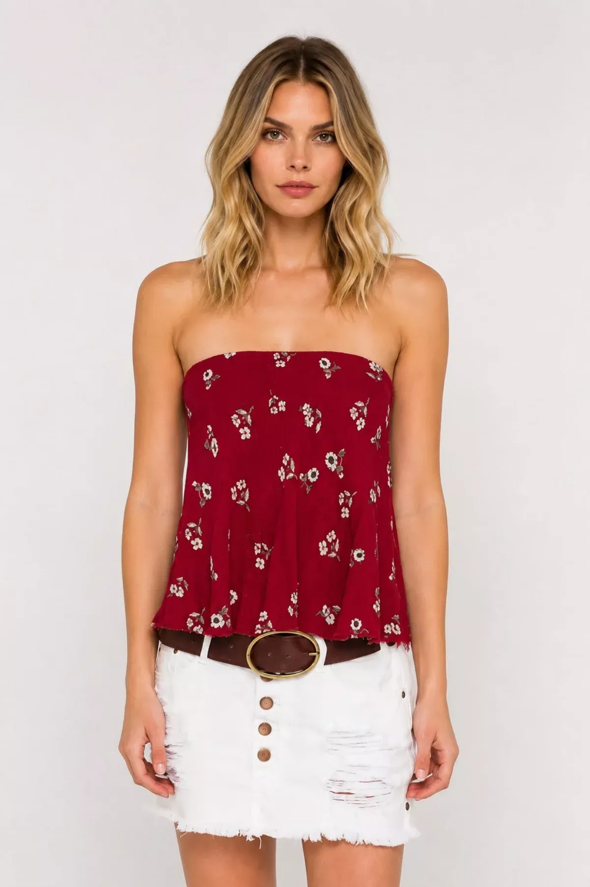 Heat Of The Sun Red Strapless Lace-Up Top | Boho Pink