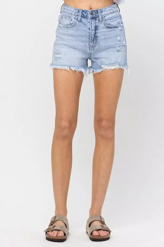 Here You Are Light Wash Distressed Denim Shorts | Boho Pink