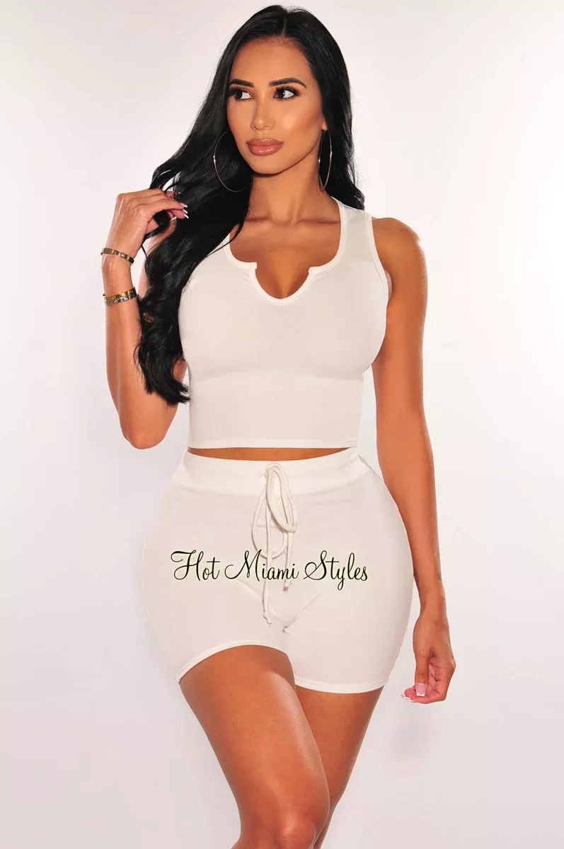 HMS Lounge: White Ribbed Sleeveless Drawstring Biker Shorts Two Piece Set