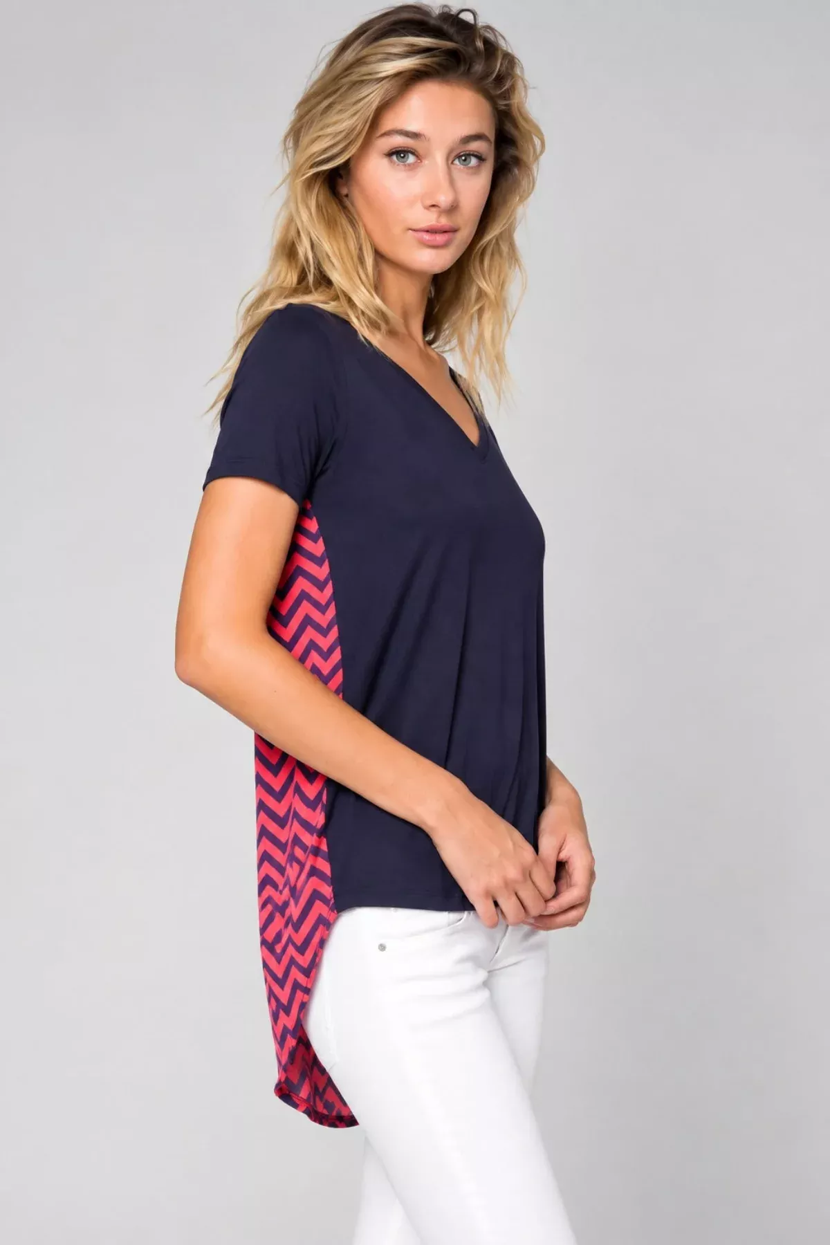 Honey Punch Navy Chevron Print High Low Tee | Boho Pink