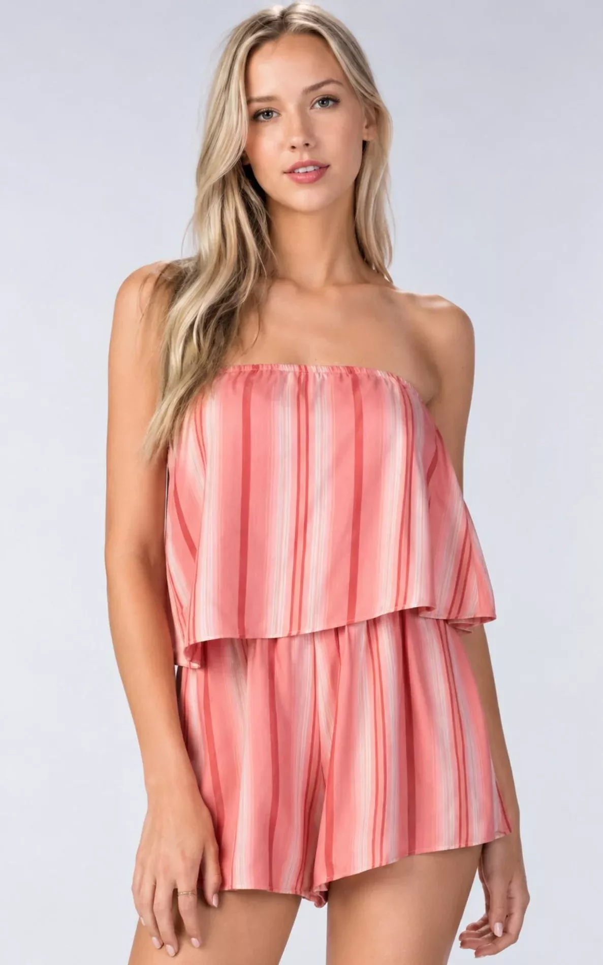 Horizon Blush Striped Strapless Romper | Boho Pink