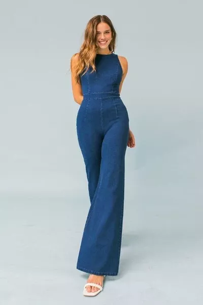Indigo Denim Sleeveless Jumpsuit.