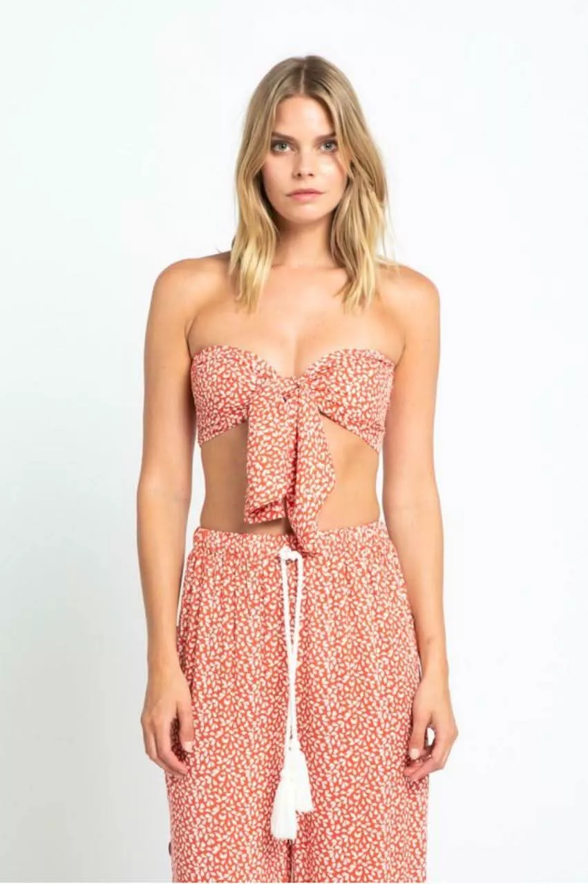 Isla Mujeres Red Orange Print Tie-Front Bandeau Top | Boho Pink
