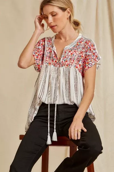 Ivory Embroidered Striped Babydoll Top