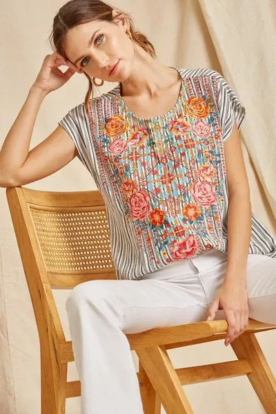 Ivory StripedEmbroidered Babydoll Top