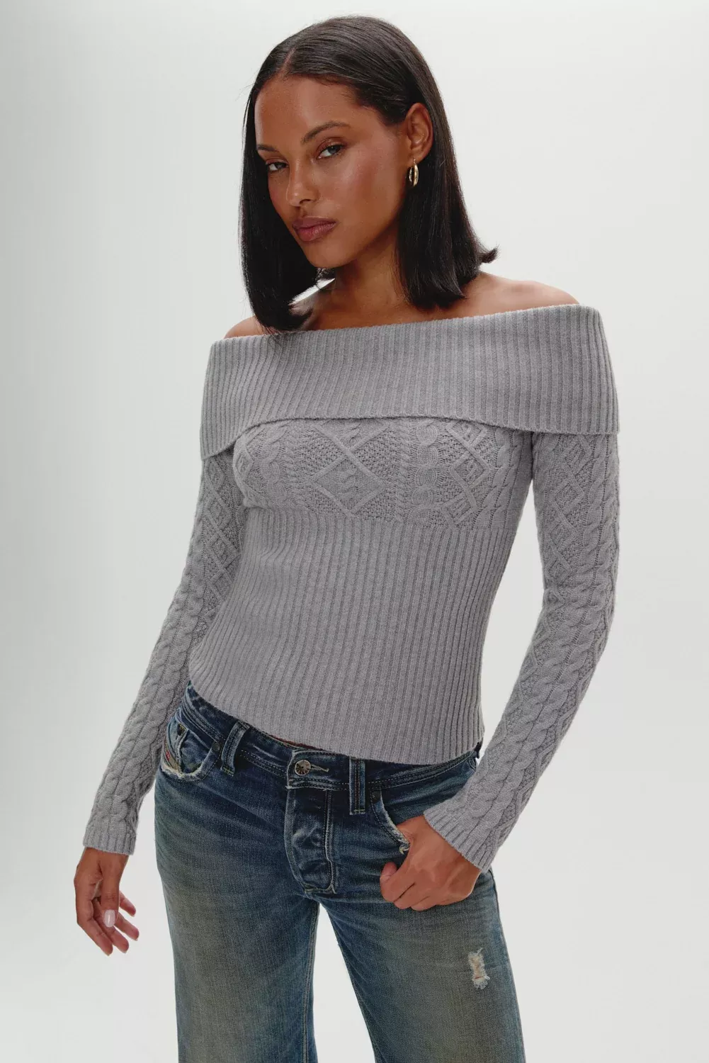 Jazz Off The Shoulder Knit Sweater - Cloud Cover