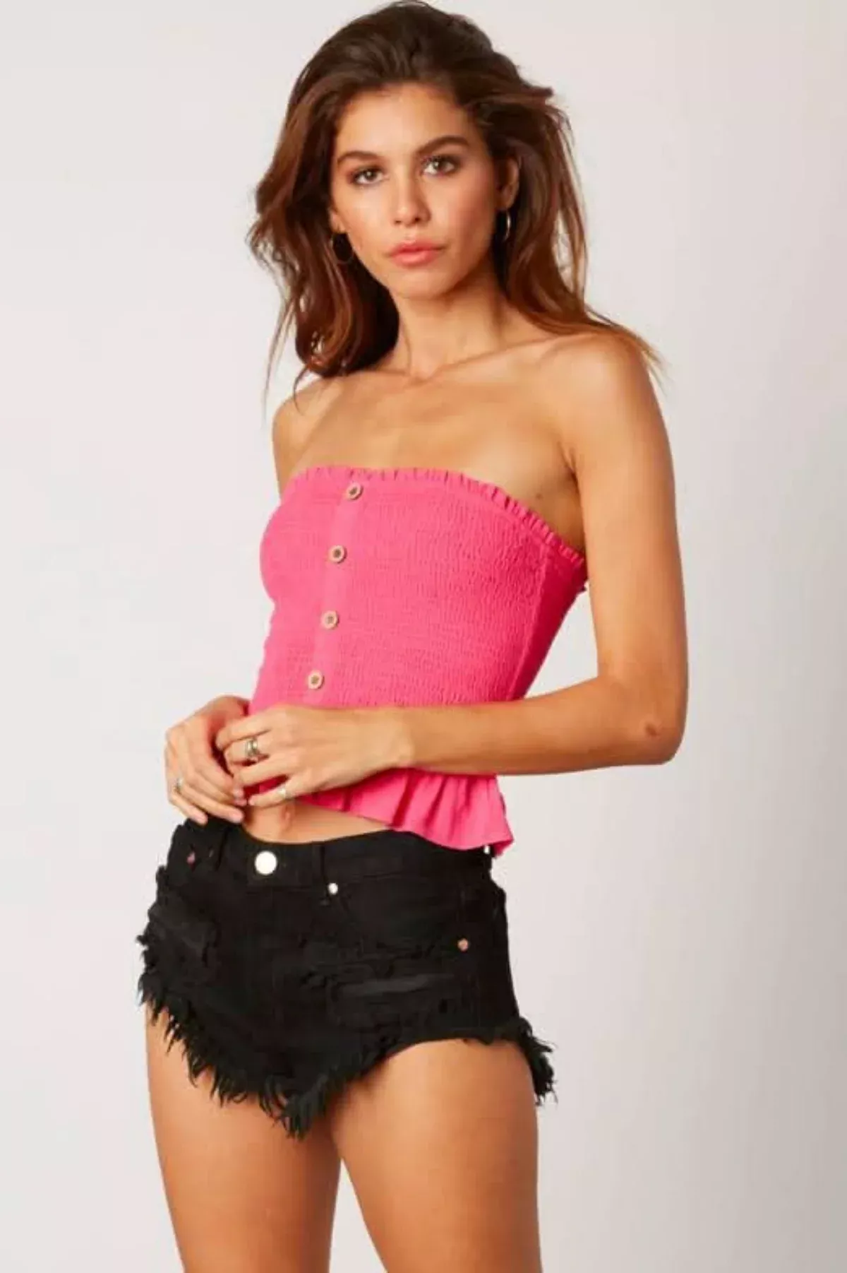 Jenna Fuchsia Pink Button-Down Strapless Smocked Top | Boho Pink
