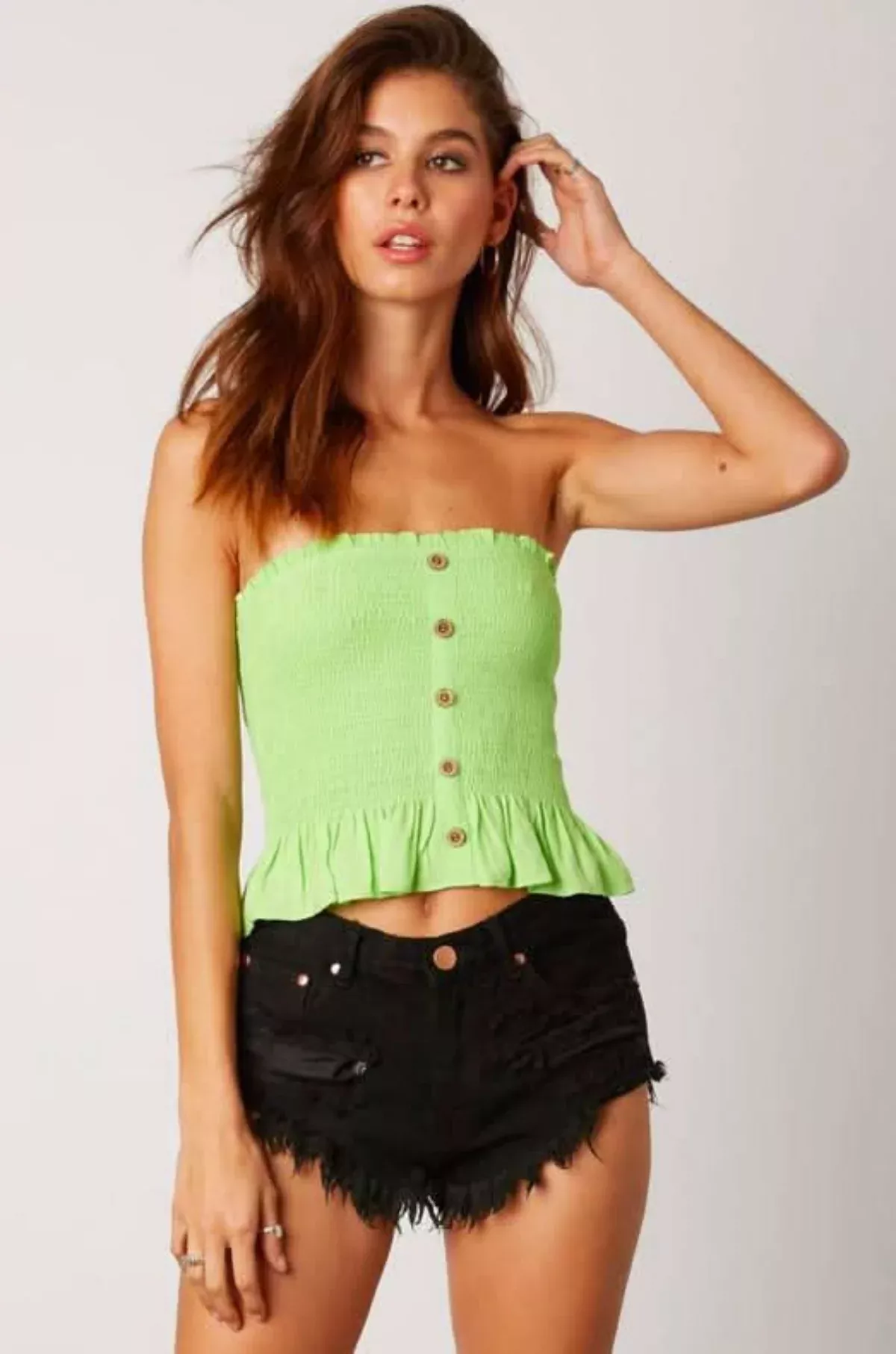 Jenna Lime Green Button-Down Strapless Smocked Top | Boho Pink