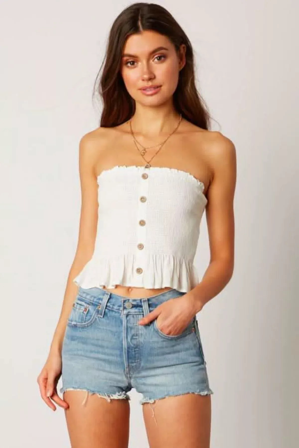Jenna White Button-Down Strapless Smocked Top | Boho Pink