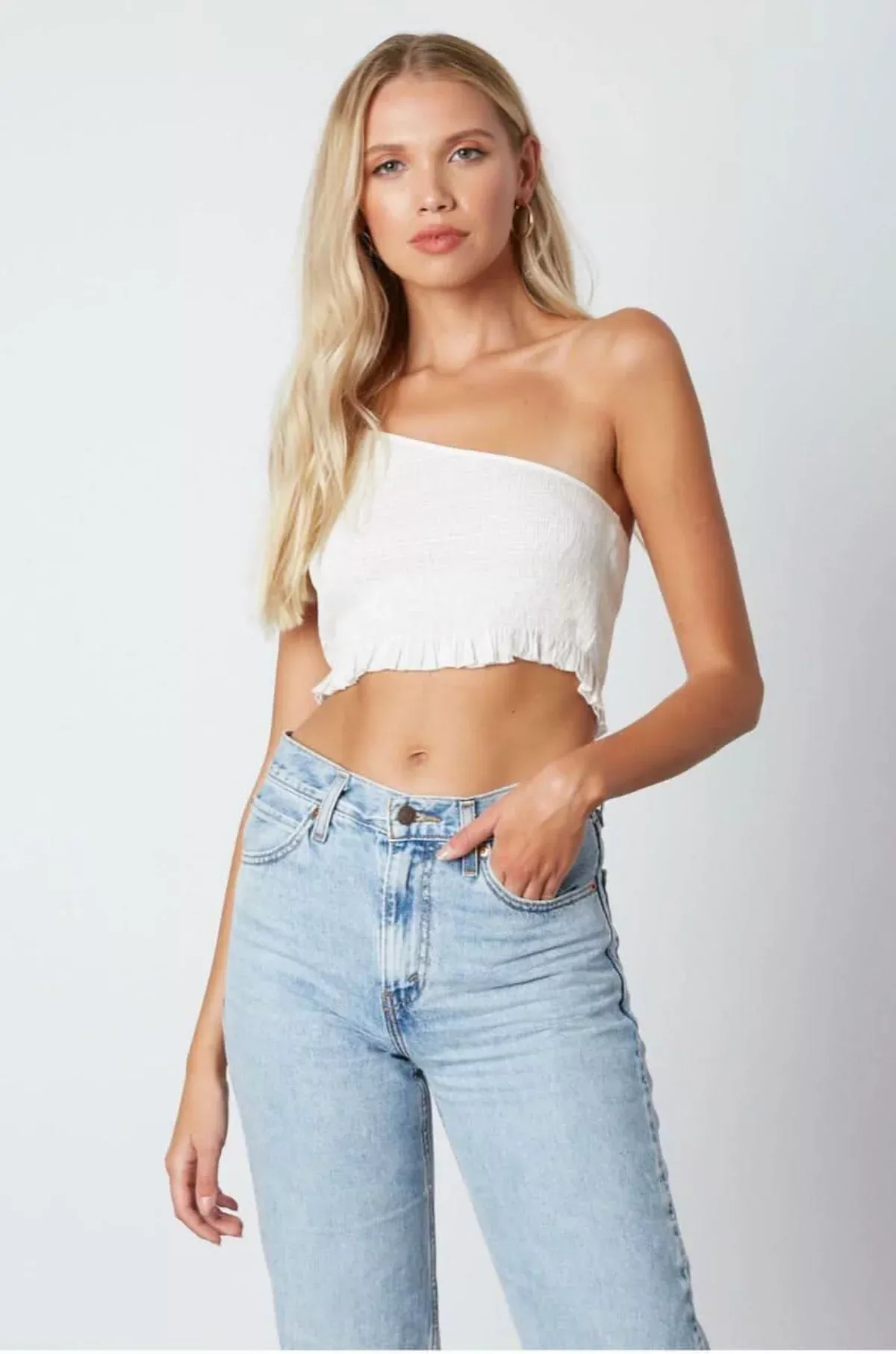Kayla White Smocked One-Shoulder Crop Top | Boho Pink
