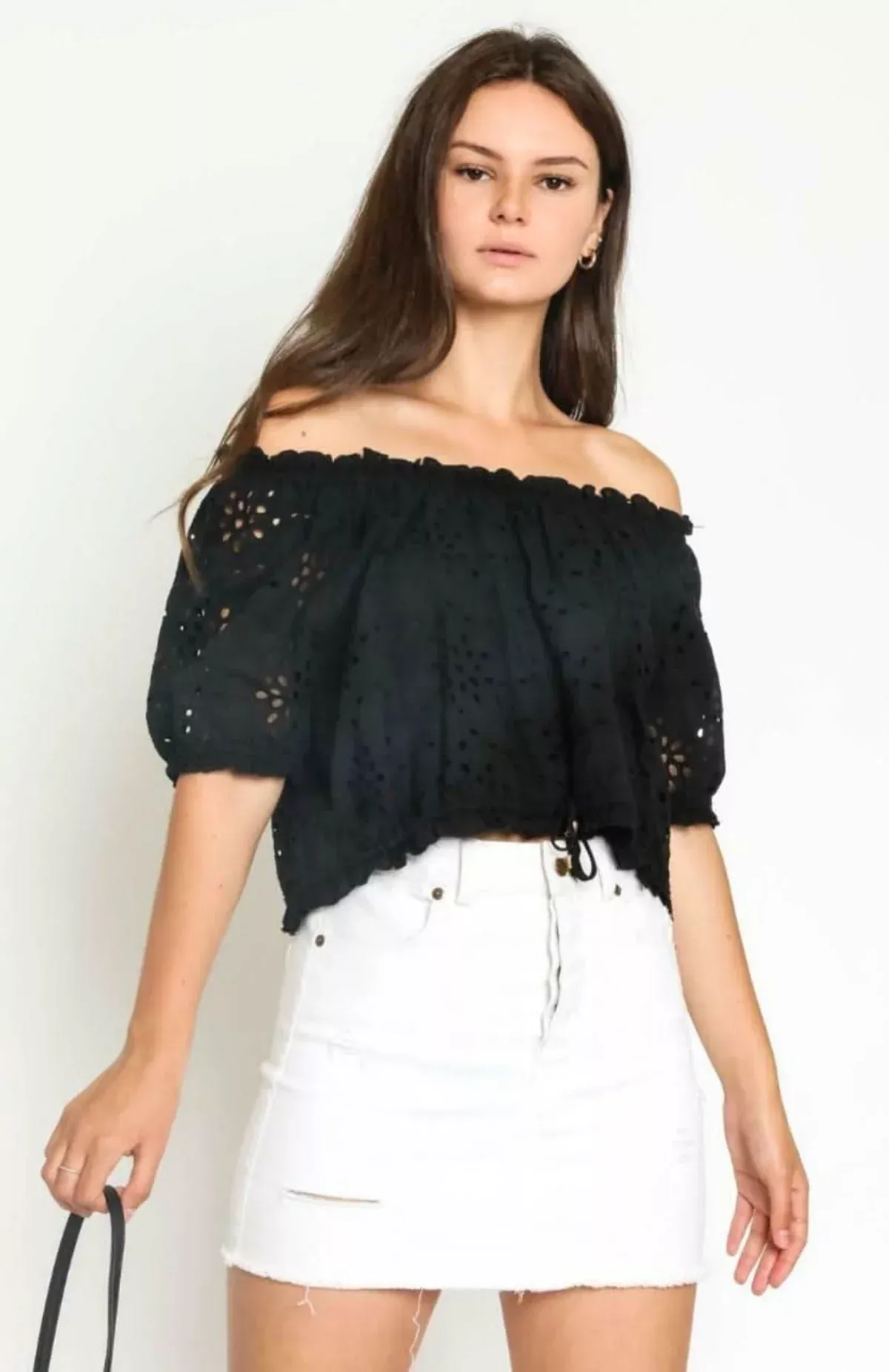 Kaylee Black Eyelet Off-the-Shoulder Crop Top | Boho Pink