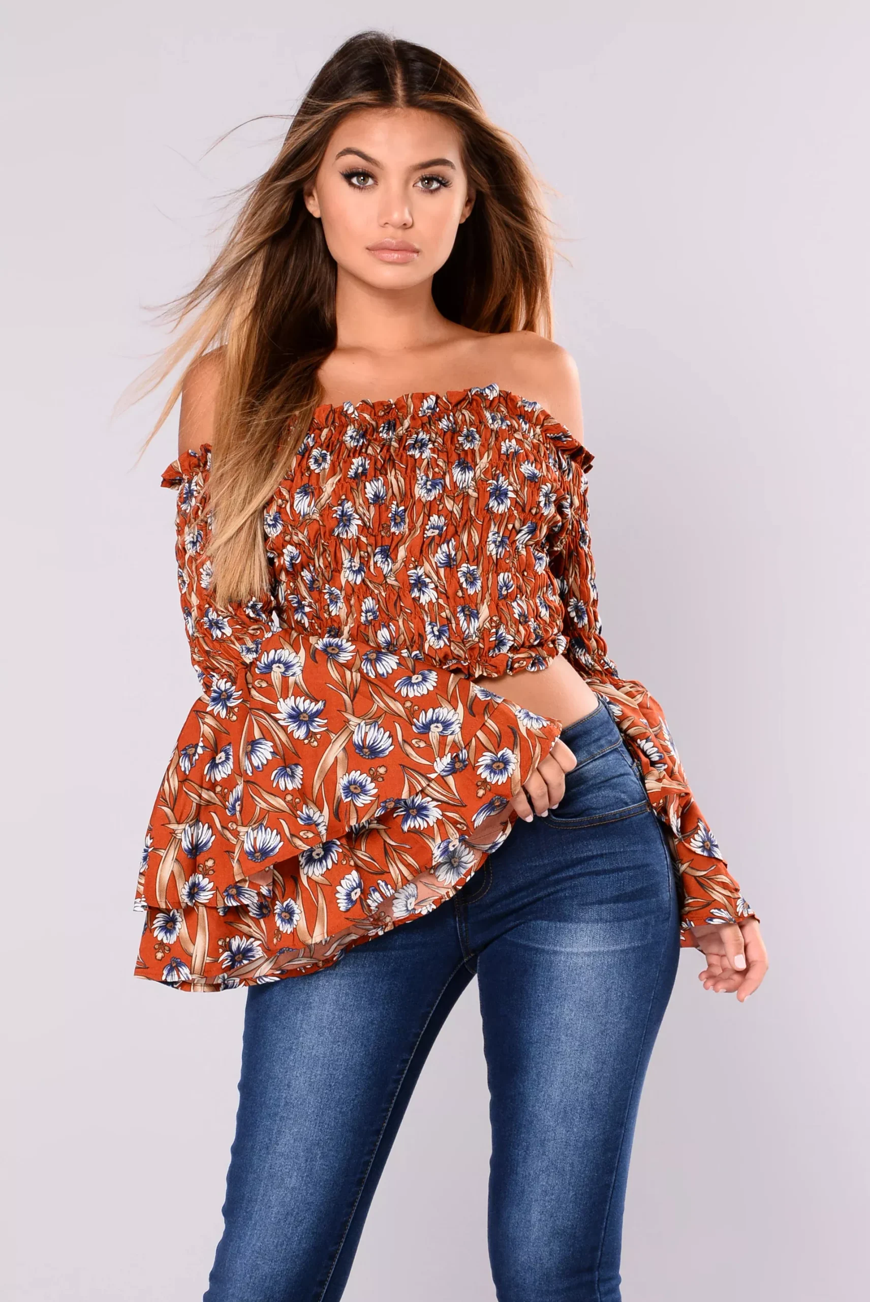 Labella II Off Shoulder Top - Rust/Floral