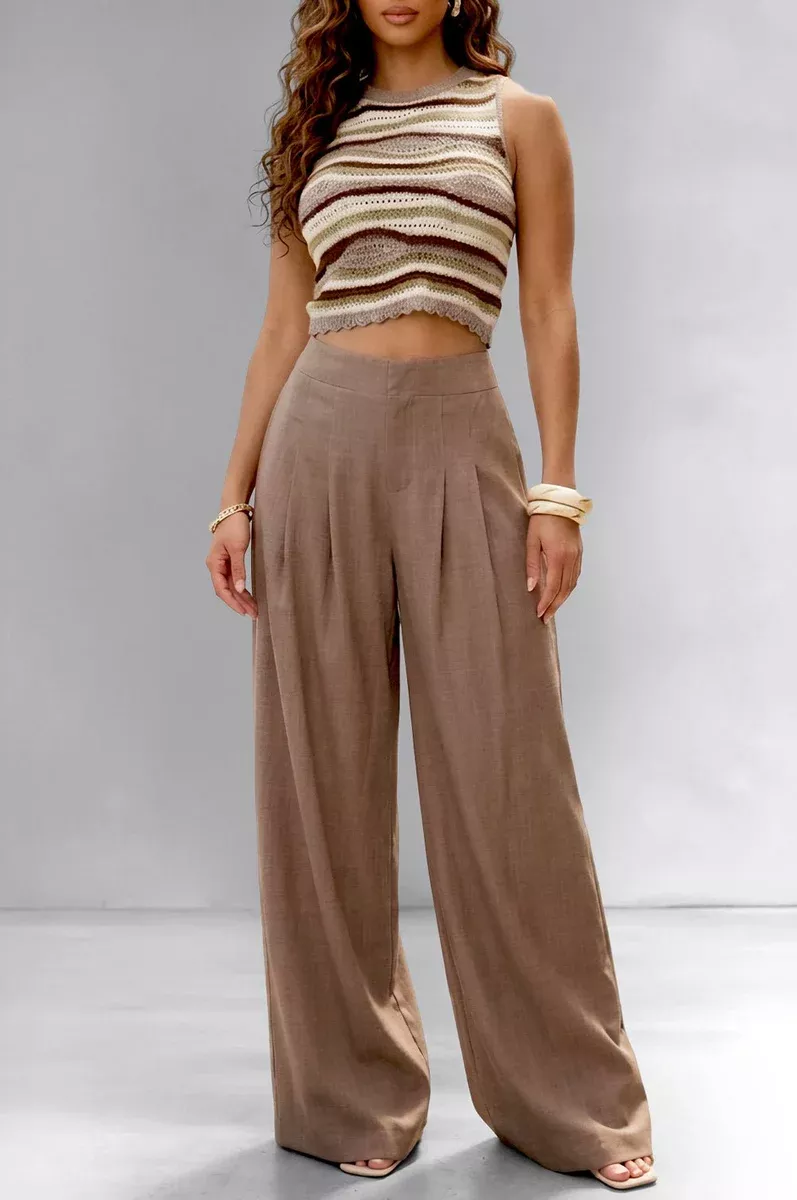 Latte Knit Striped Cropped Linen Two Piece Pants Set