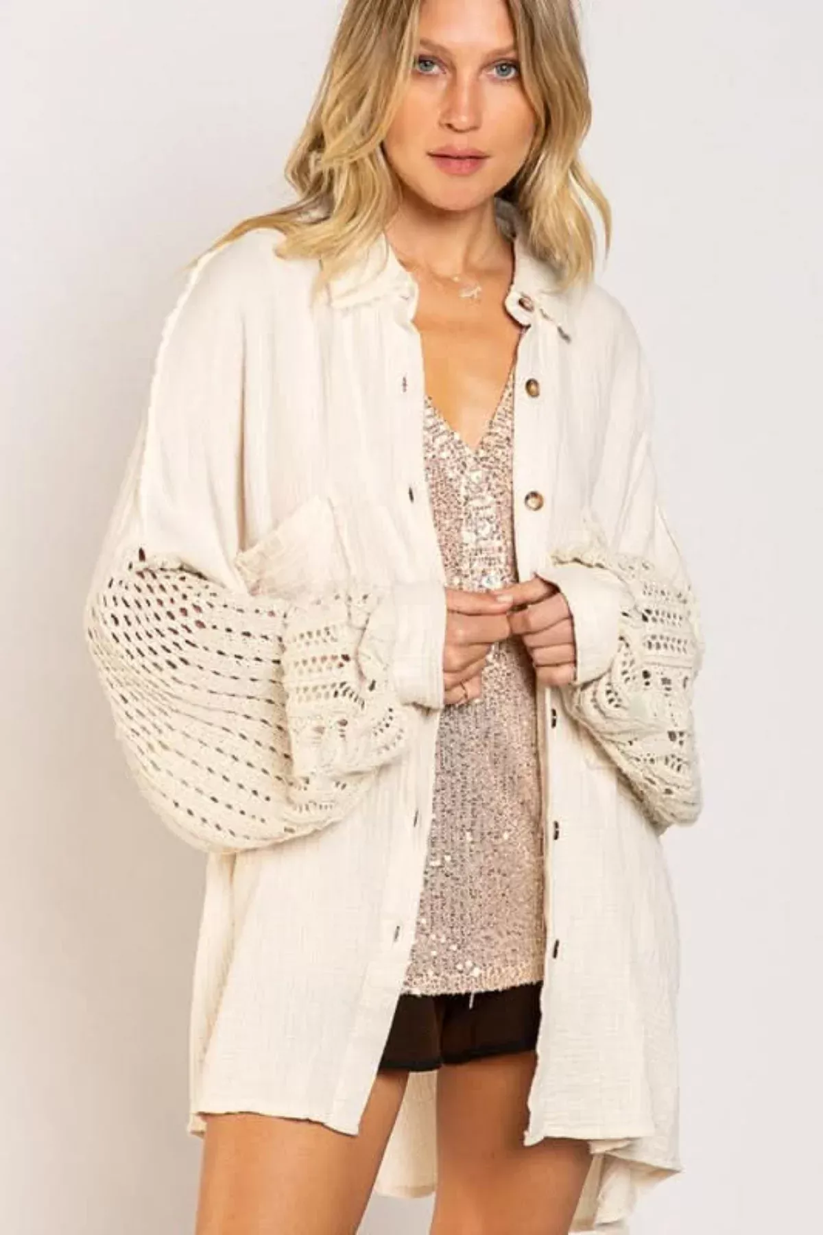 Lesley Beige Crochet Sleeve Shacket | Boho Pink