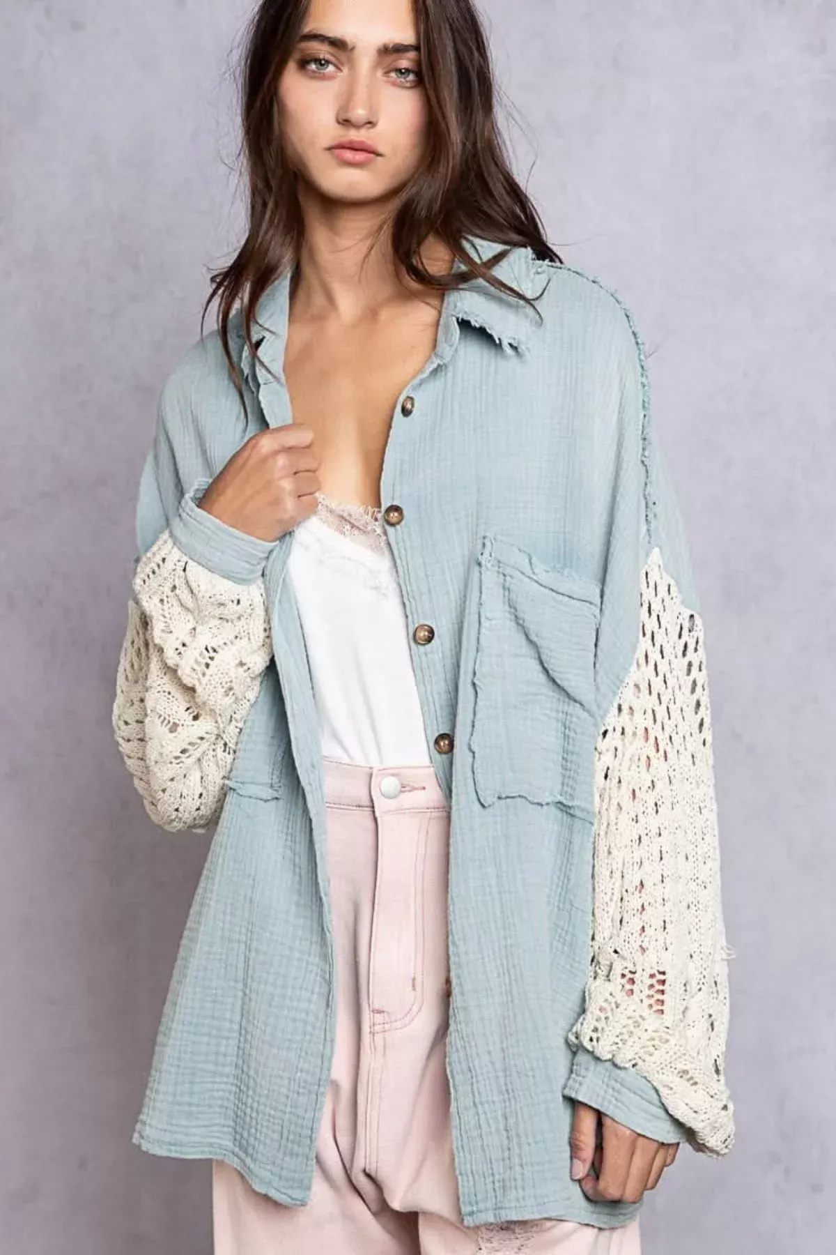 Lesley Light Blue Crochet Sleeve Shacket | Boho Pink