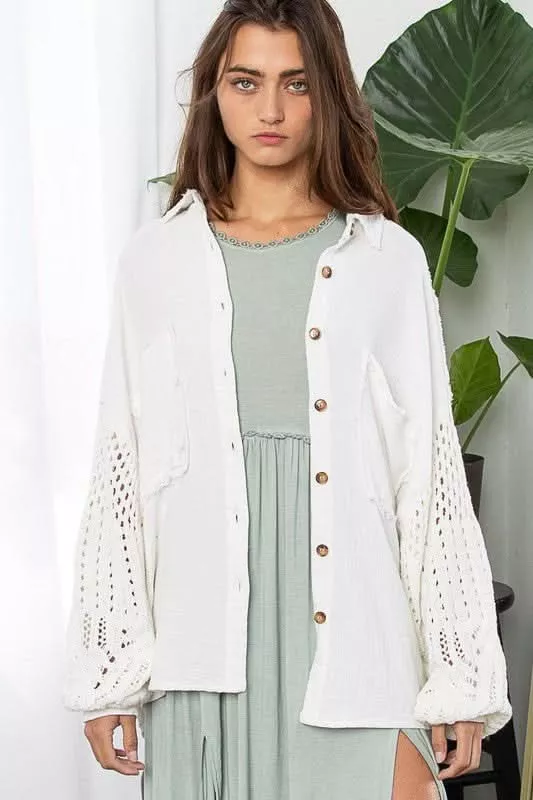 Lesley White Crochet Sleeve Shacket | Boho Pink