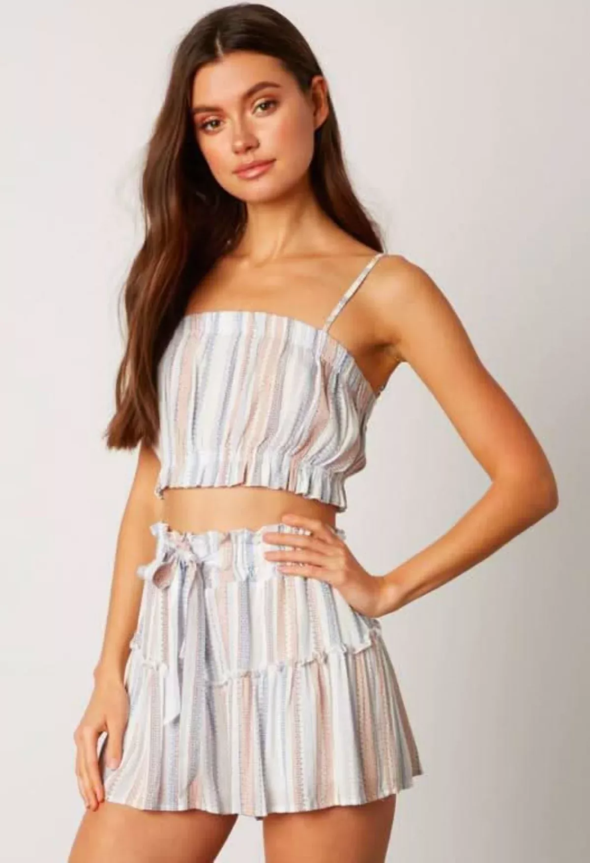 Lia Blue Striped Cropped Two-Piece Skort Set | Boho Pink