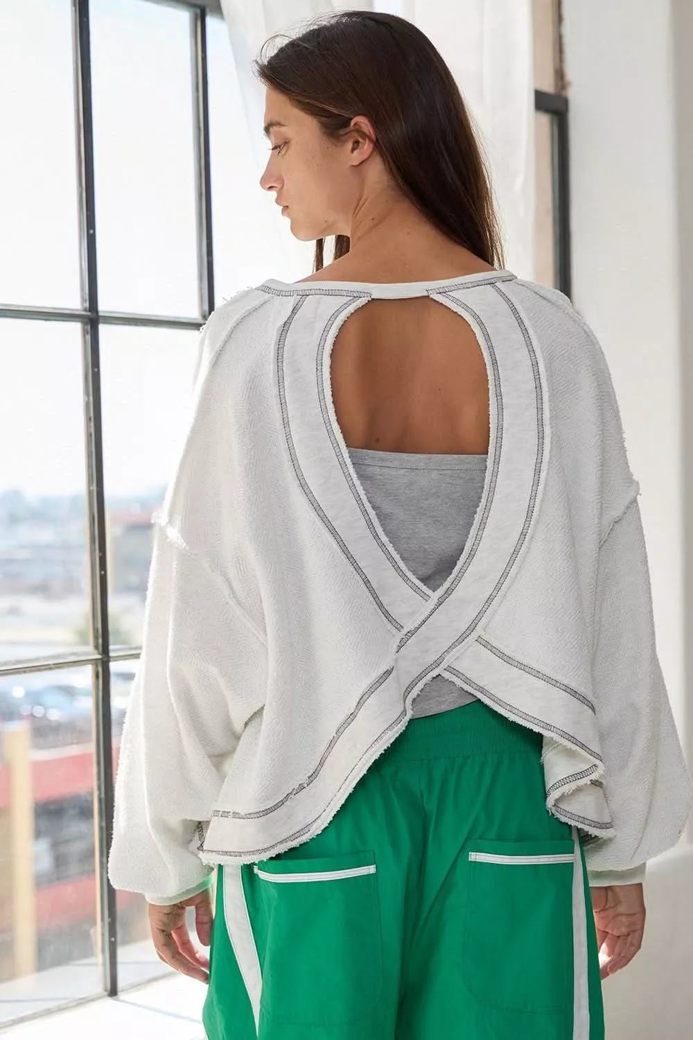 Libby Grey Open Back Long Sleeve Top | Boho Pink