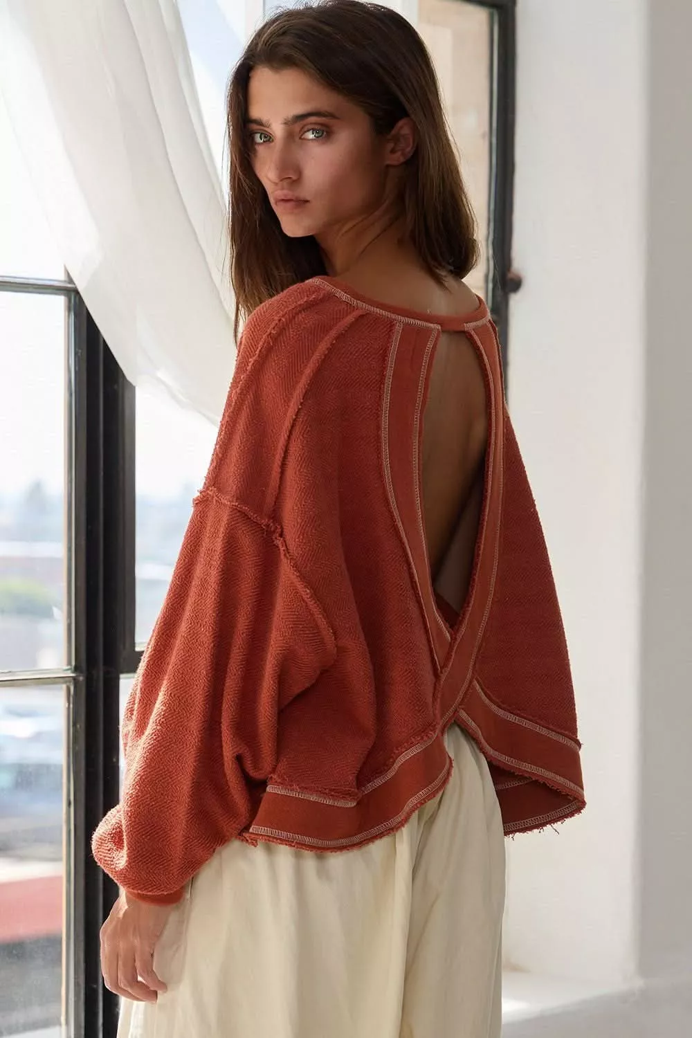 Libby Rust Open Back Long Sleeve Top | Boho Pink