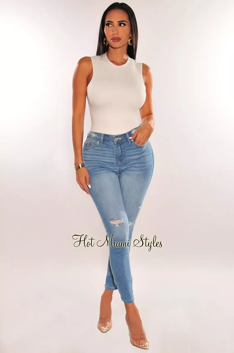 Light Denim High Waist Ripped Skinny Jeans