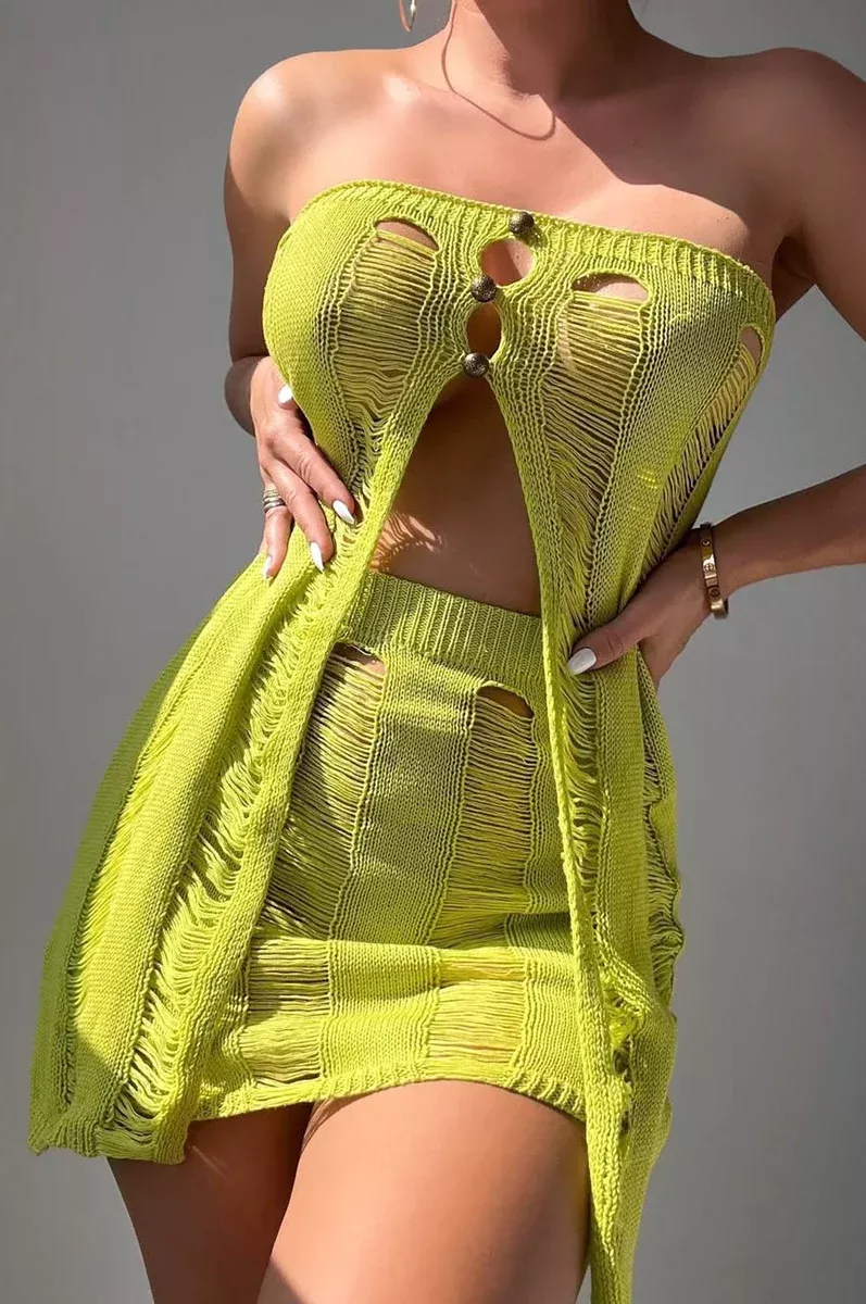 Lime Green Crochet Ladder Strapless Slit Top Skirt Two Piece Set