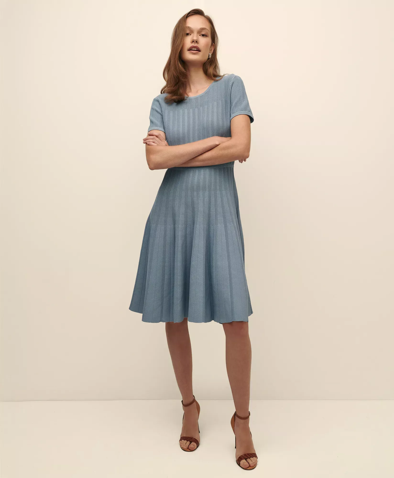 A-Line Pleated Short-Sleeve Sweater Dress