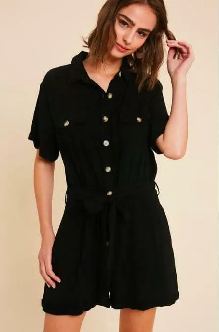 Liz Black Short Sleeve Button-Front Utility Romper | Boho Pink