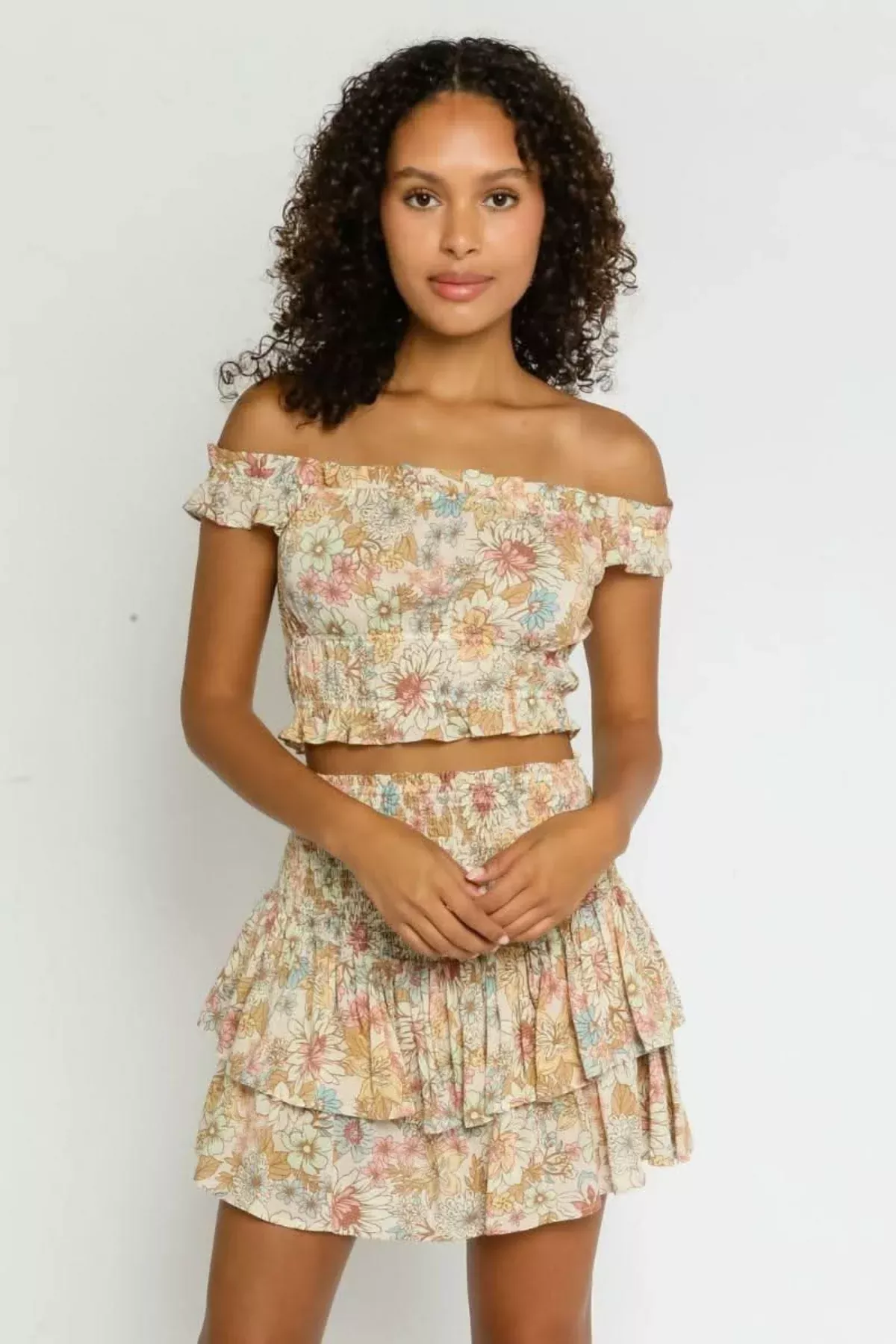 Lizza Taupe Floral Two-Piece Ruffle Mini Dress | Boho Pink