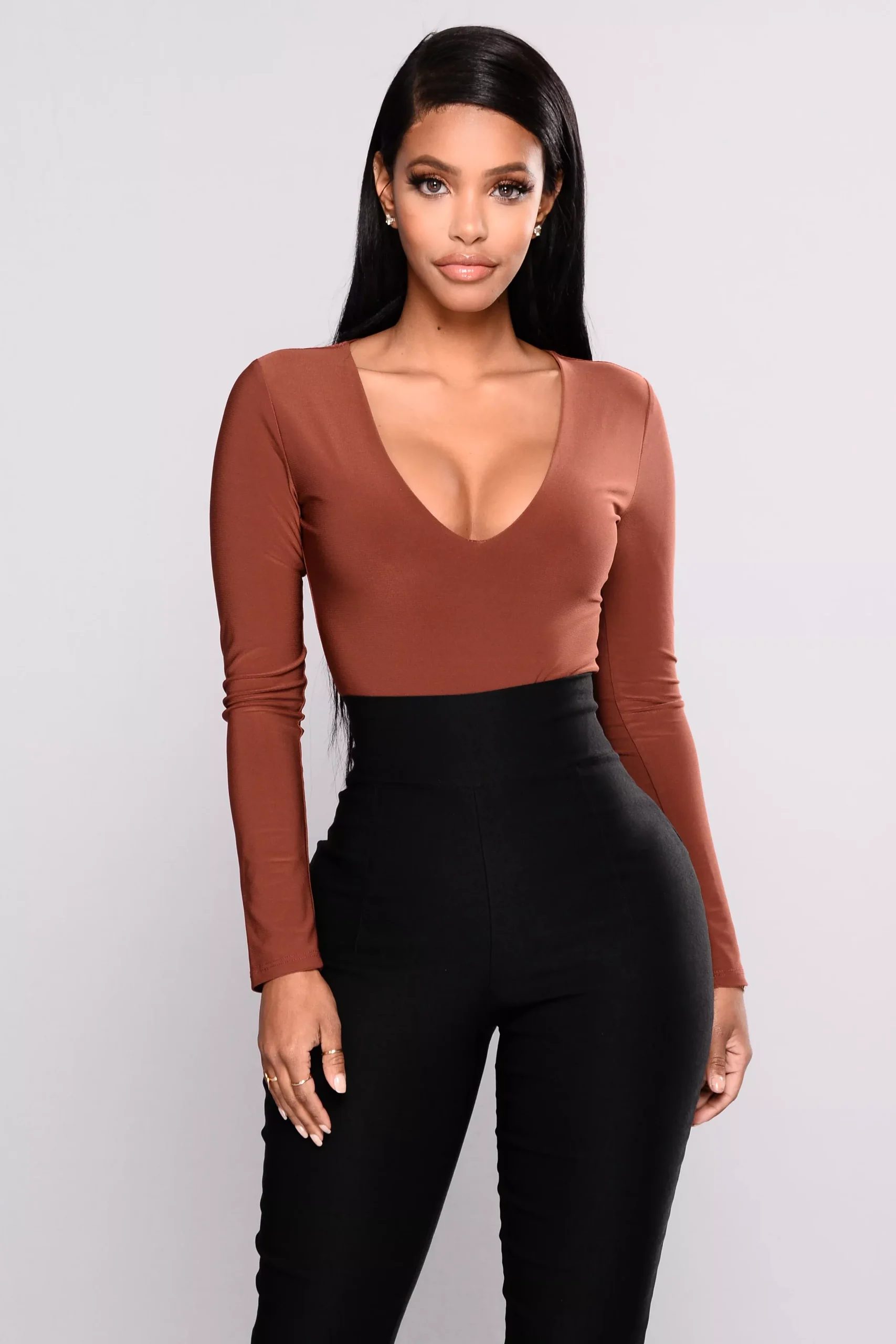 Louise V Neck Bodysuit - Red Brown