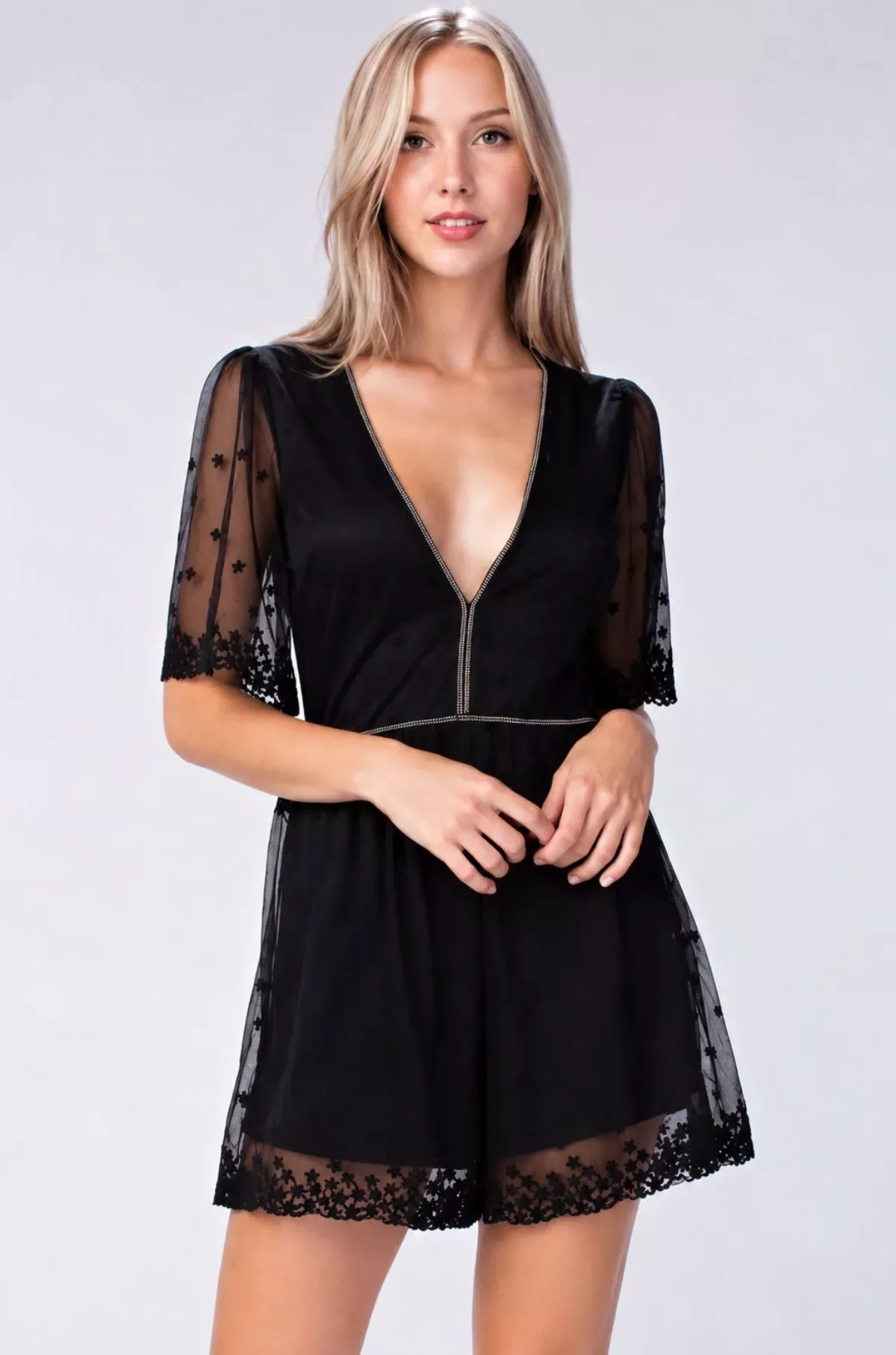 Luminous Stars Sheer Black Lace Romper | Boho Pink
