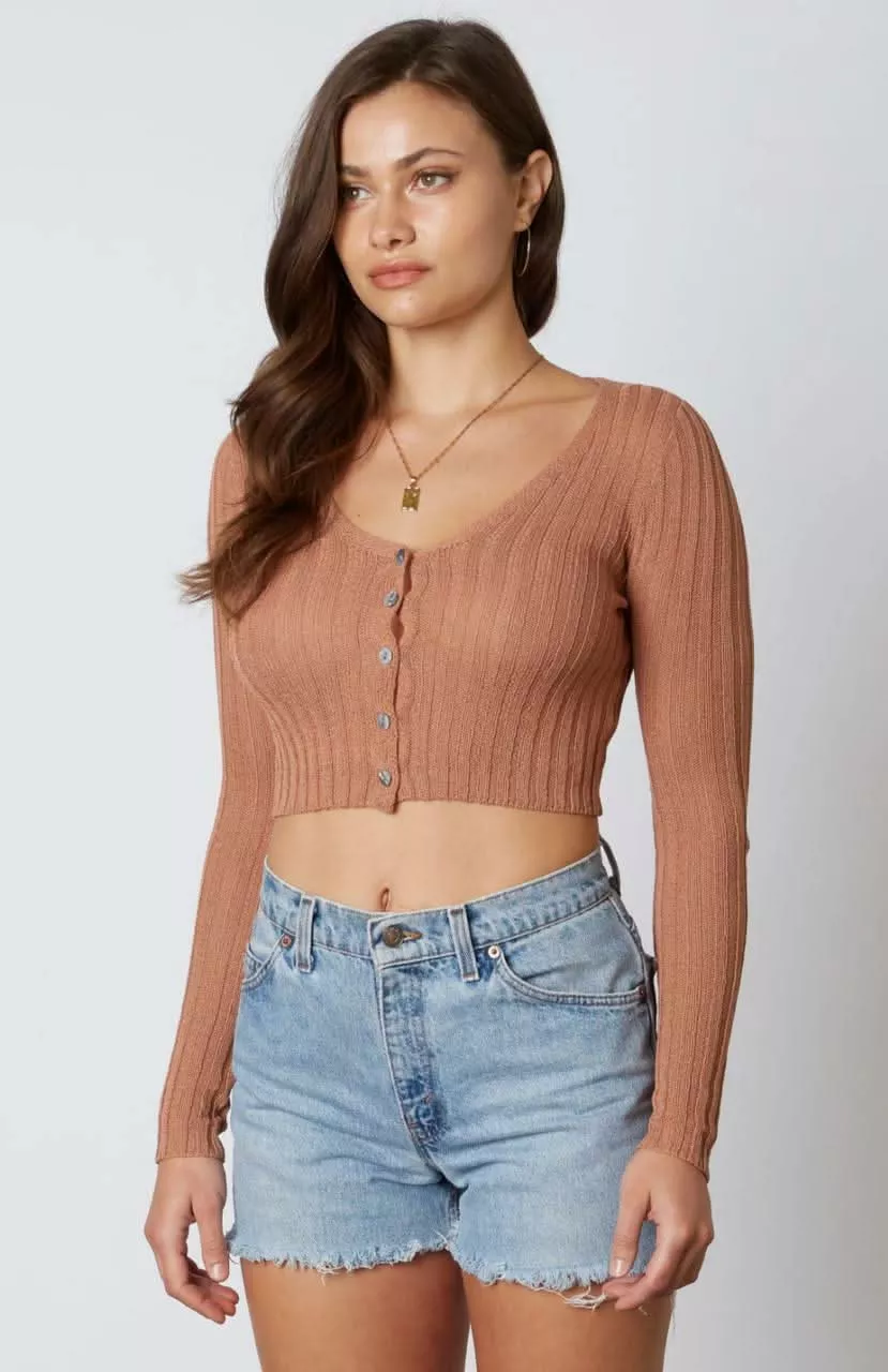 Make It Casual Camel Button-Up Cropped Cardigan Sweater | Boho Pink