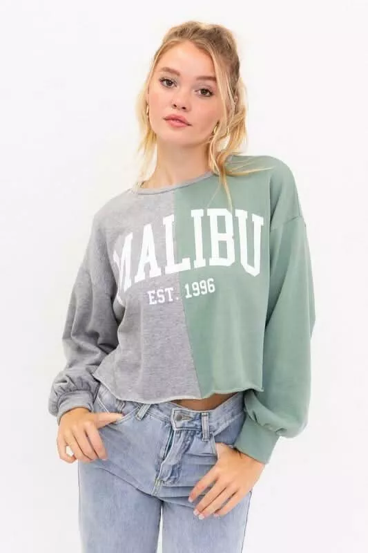 Malibu Grey and Sage Graphic Cropped Sweatshirt | Boho Pink