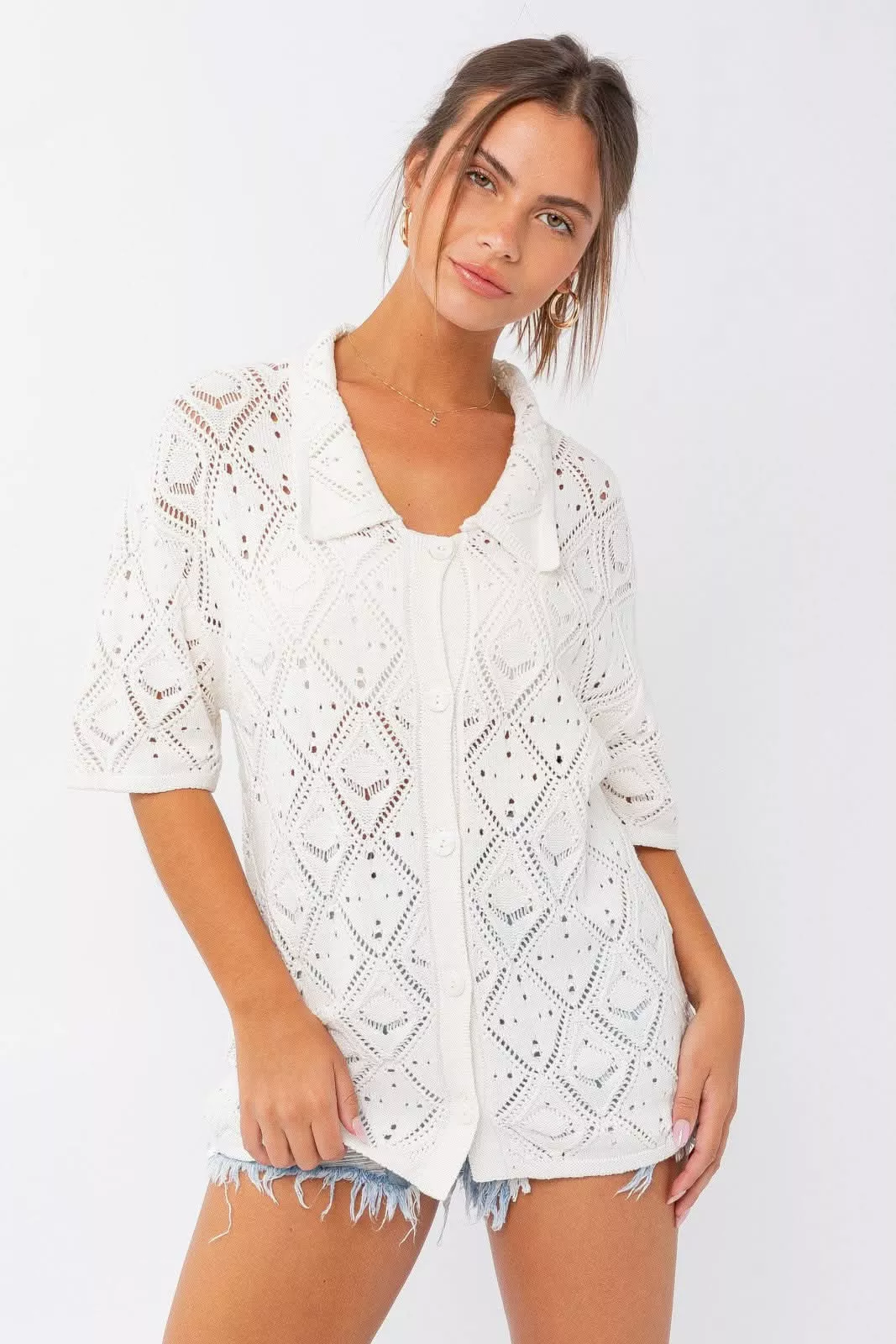 Mara White Crochet Button-Up Top | Boho Pink