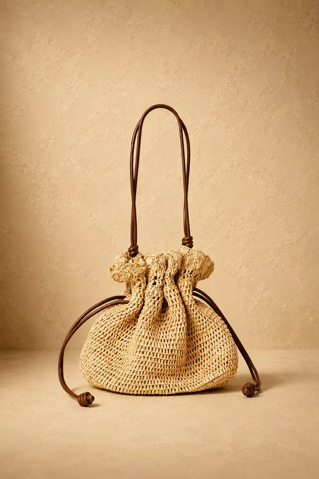 Marcela Raffia Drawstring Bucket Bag