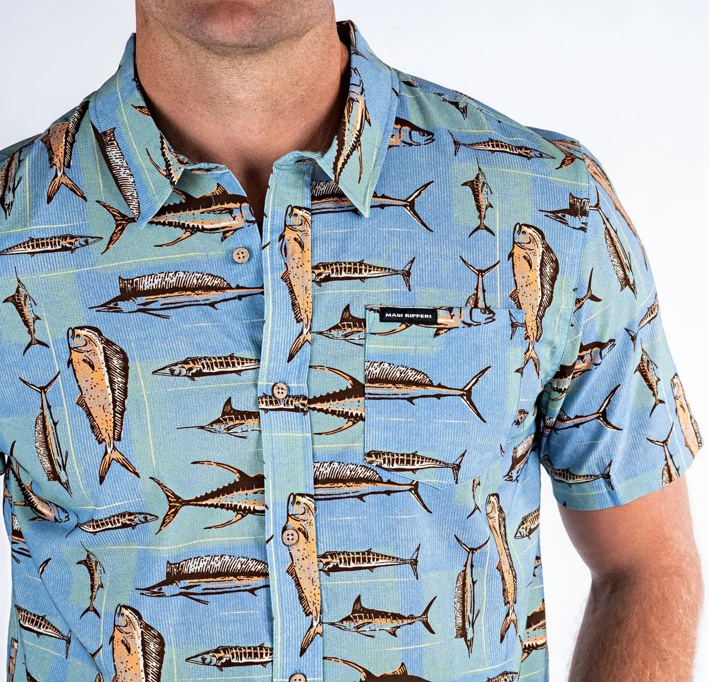 Maui Rippers Mens Hawaiian Aloha Short Sleeve Button Down Shirt Blue