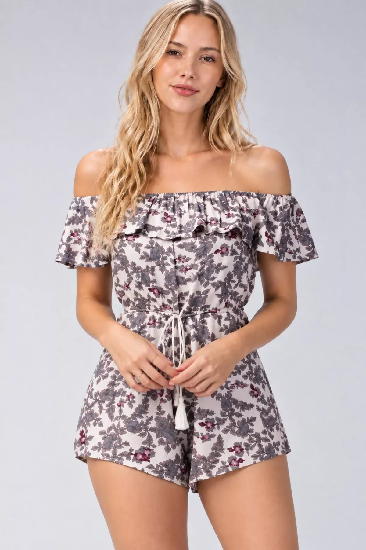 Meadow Floral Print Off-the-Shoulder Romper | Boho Pink