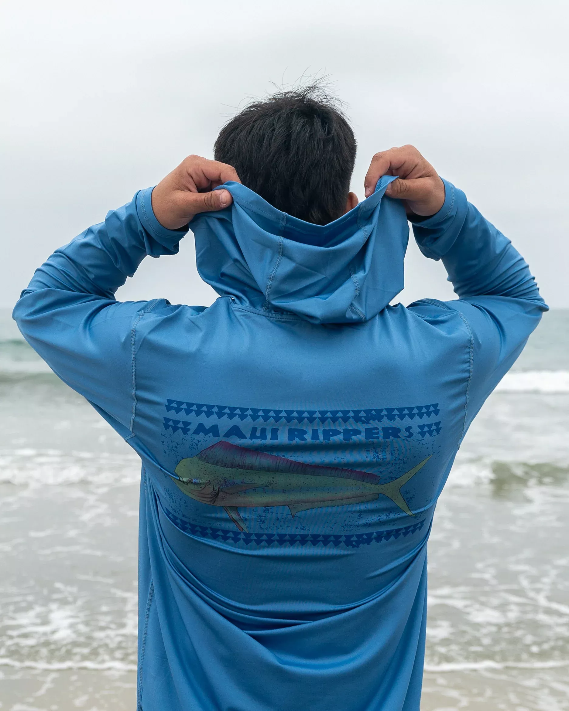 Men's UPF 50 Sun Defense Long Sleeve Hoodie - Mahi Mahi Blue