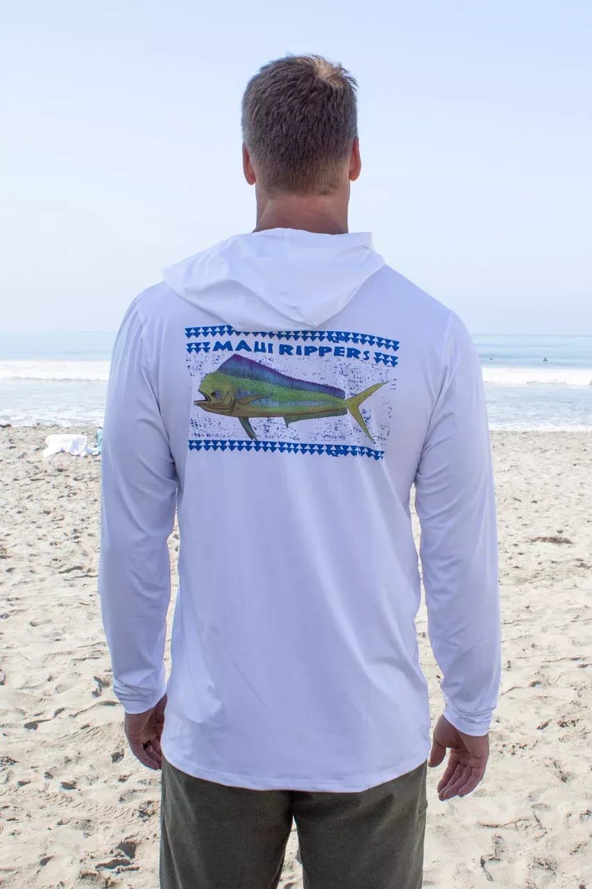 Men's UPF 50 Sun Defense Long Sleeve Hoodie - White Mahi Mahi
