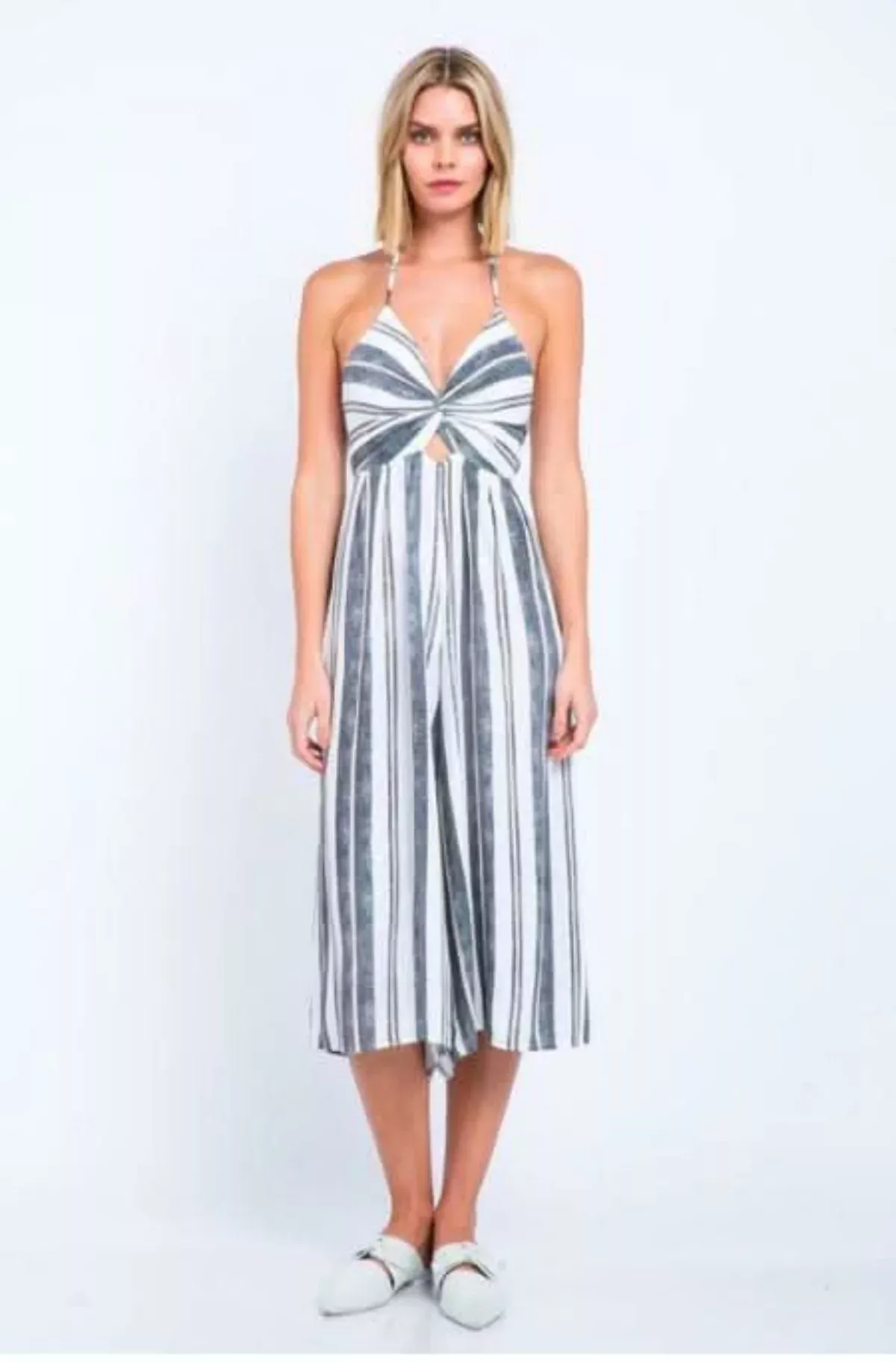 Mia White and Black Striped Print Cutout Culotte Jumpsuit | Boho Pink