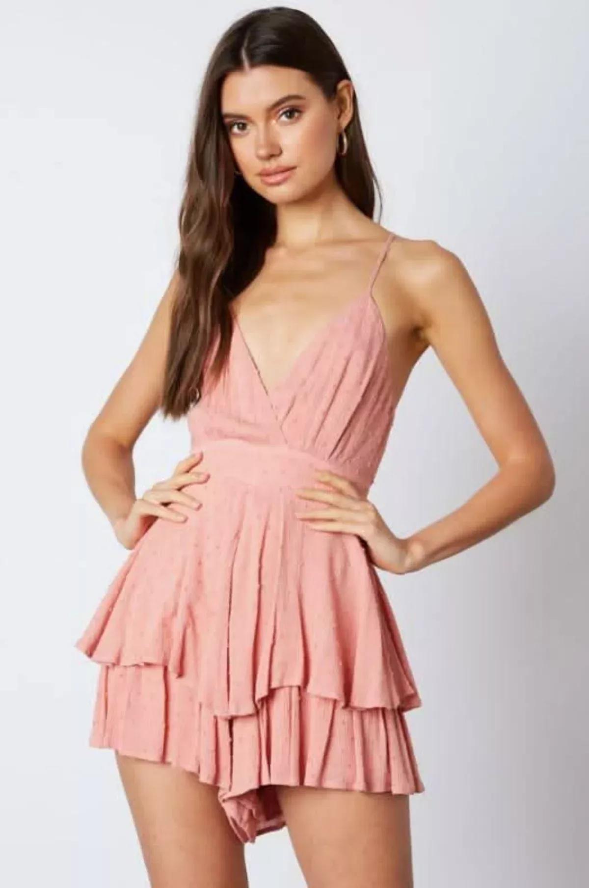 Mila Blush Surplice Ruffle Romper | Boho Pink