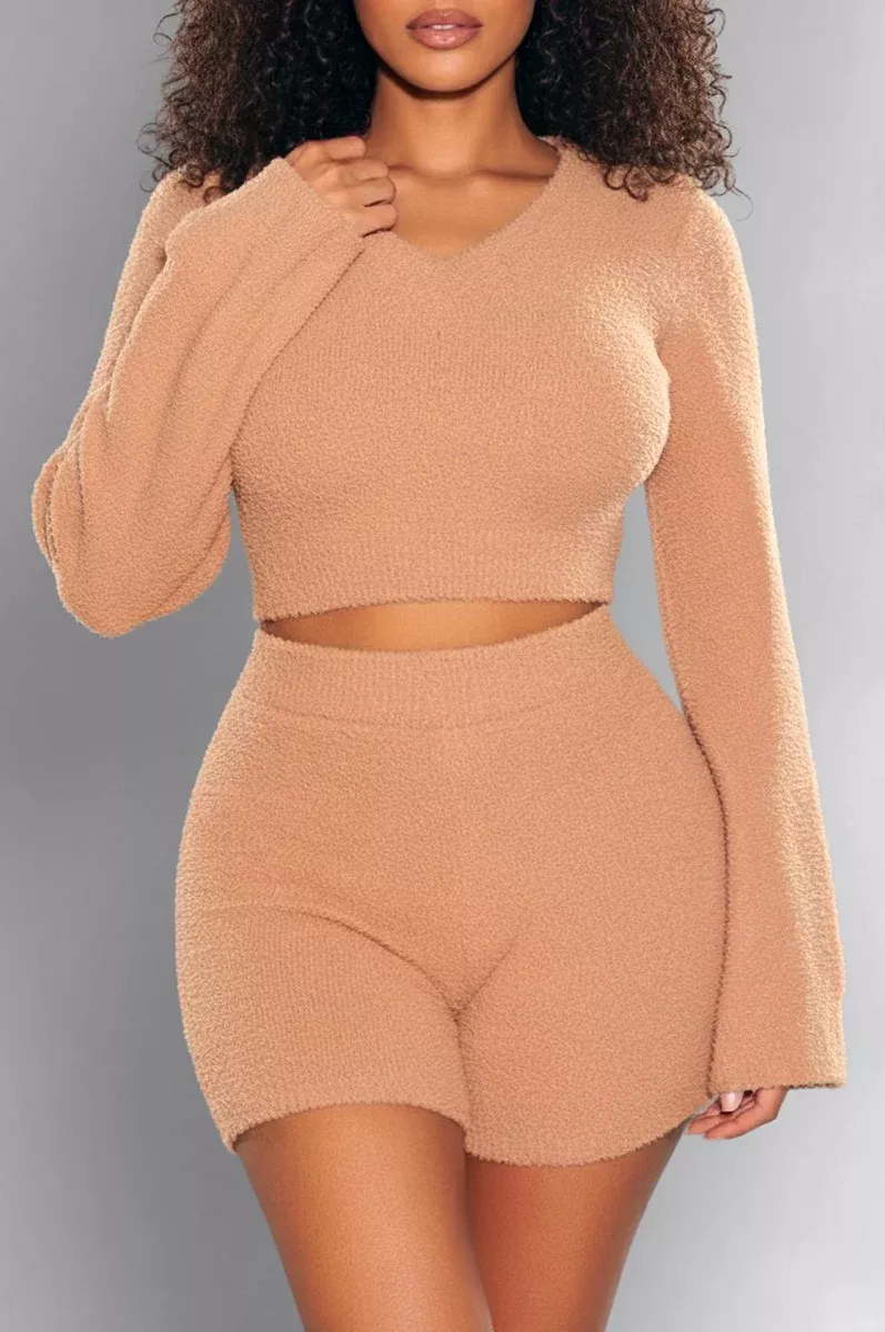 Mocha Bouclé Bell Sleeves Shorts Two Piece Set