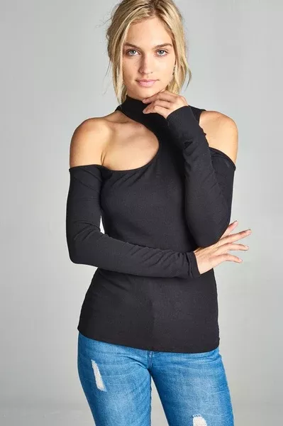 Mock Neck Black Cold Shoulder Top