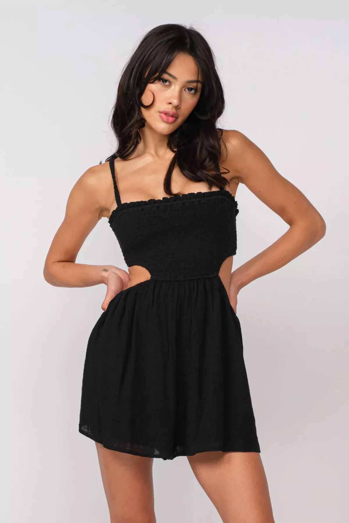 Molly Black Smocked Cutout Romper | Boho Pink
