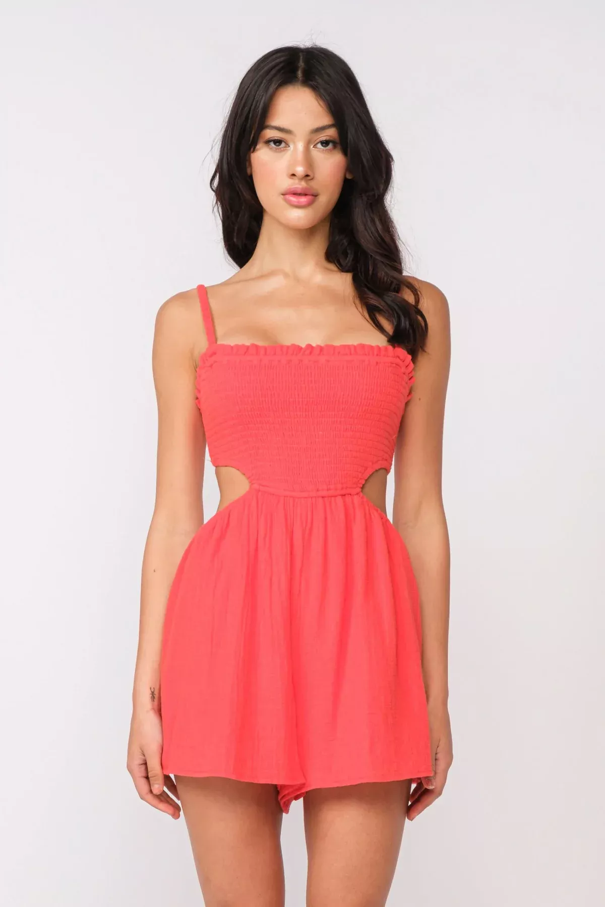 Molly Red Smocked Cutout Romper | Boho Pink